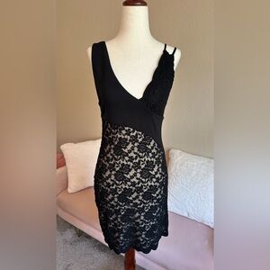 NWT Free People Lower East Side Lace Mini dress Black lace over nude fabric Sz S